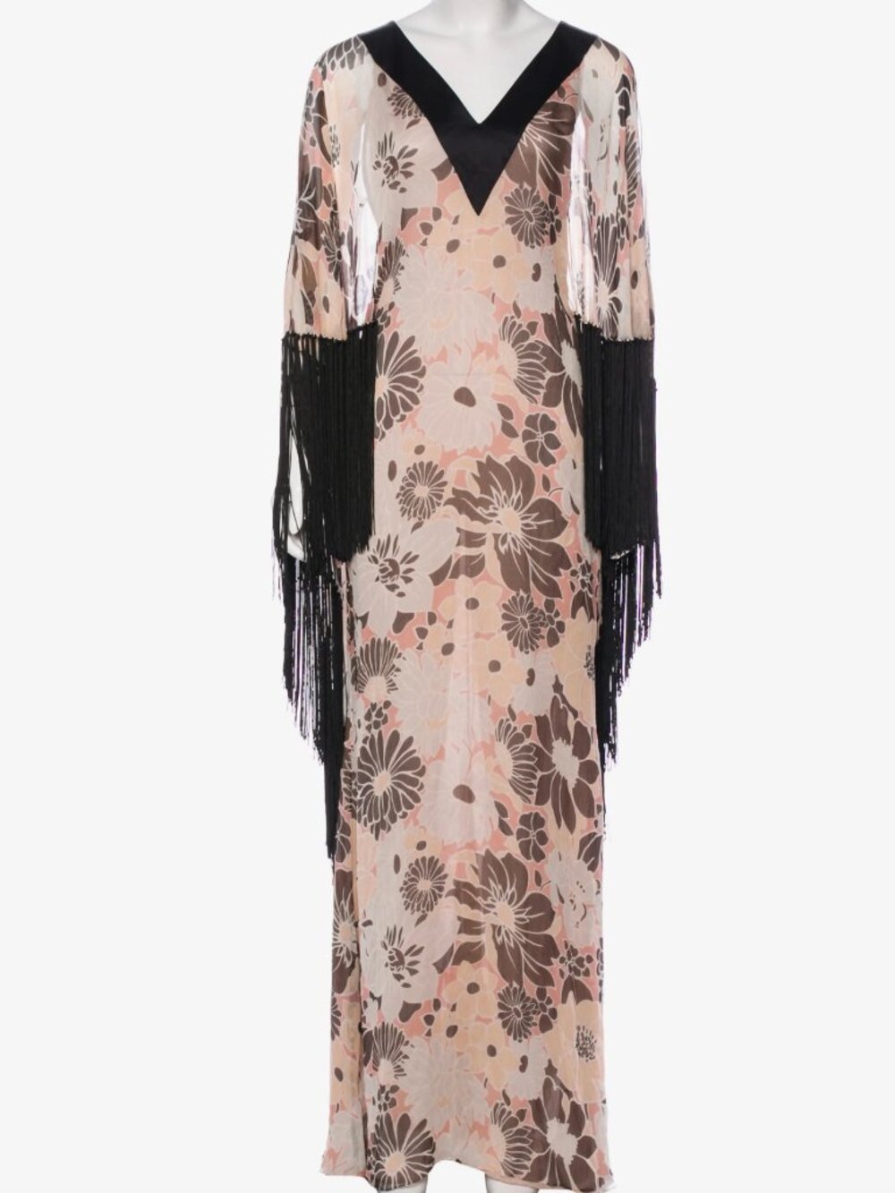 Pink and multicolor J. Mendel crepe maxi dress with floral print throughout, V-n